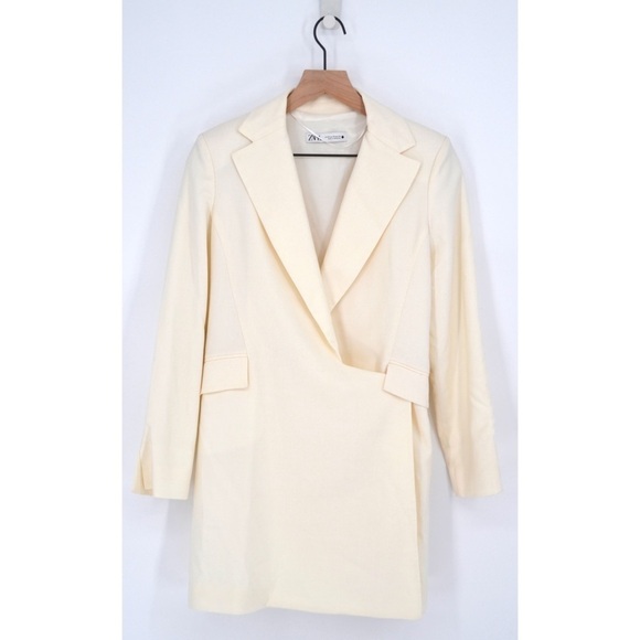 Zara Collared Plunge Blazer Dress Stretch Wool Blend in Cream Ivory Women's XS - Picture 1 of 11